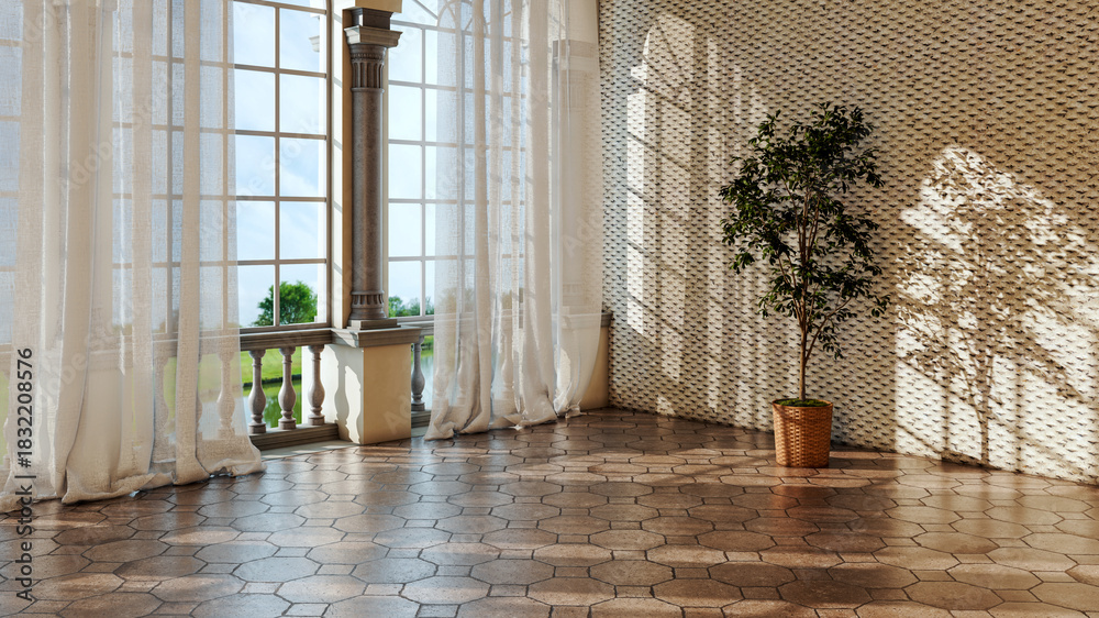 Fototapeta premium Large luxury modern bright interiors Living room mockup illustration 3D rendering image