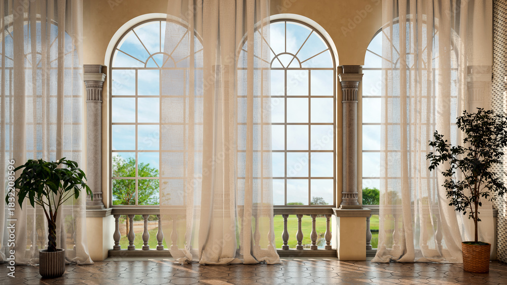 Fototapeta premium Large luxury modern bright interiors Living room mockup illustration 3D rendering image