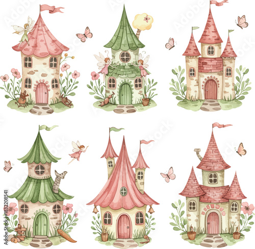 Whimsical watercolor fairy tale castles with butterflies and flowers