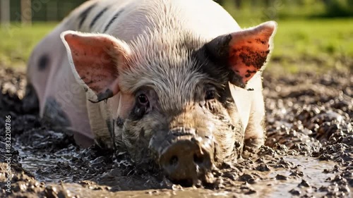 Domestic farm animal in muddy outdoor environment enjoying outdoor activity