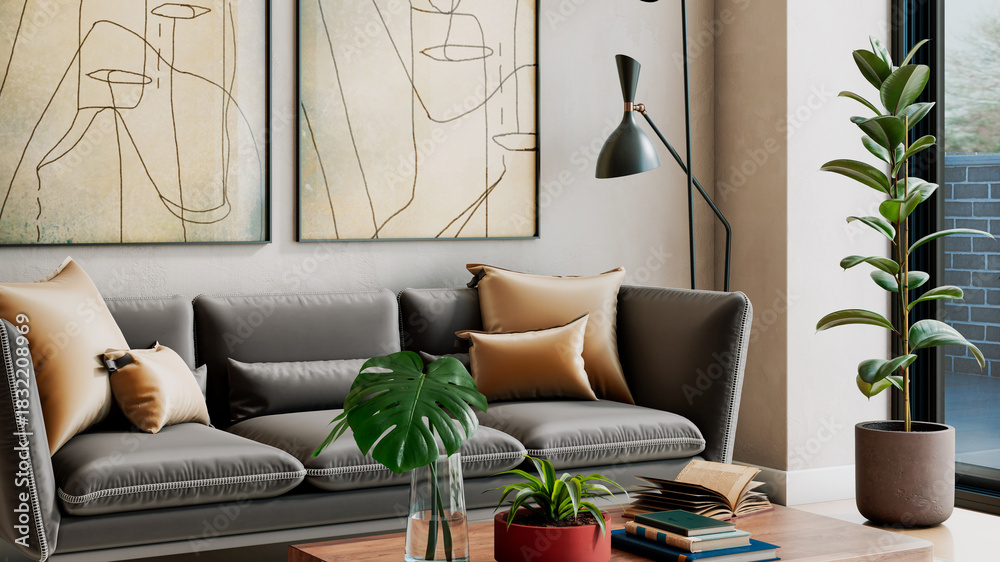 Fototapeta premium Large luxury modern bright interiors Living room mockup illustration 3D rendering image