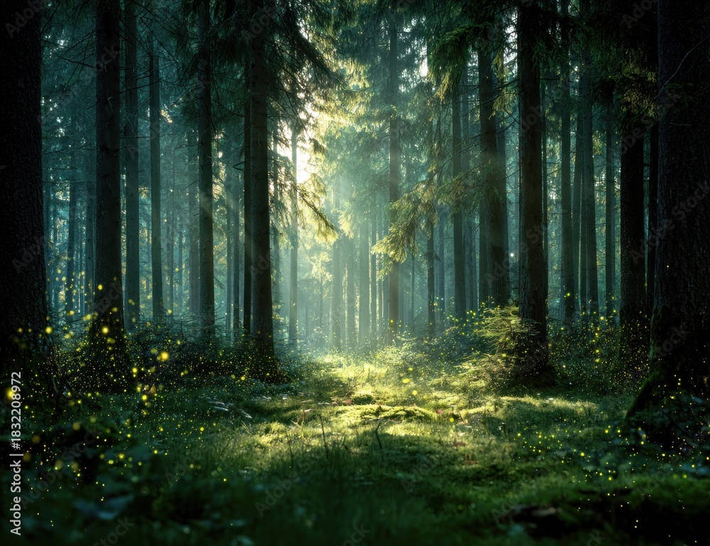 Obraz premium Enchanted Forest - Sunlight Filtering Through the Trees in a Mystical Woods.