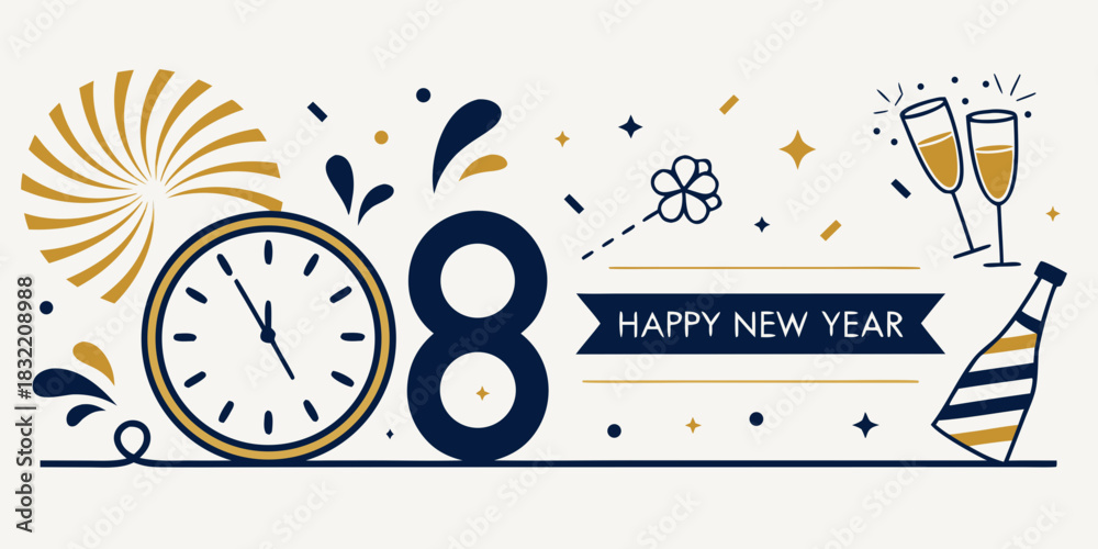 Obraz premium Happy New Year Illustration – Midnight Clock, Fireworks, Champagne & Confetti in Gold & Navy Celebration Theme