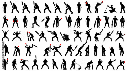 Dynamic cricket players silhouettes collection, showcasing sport action and team spirit, ideal for sports branding and athletic designs with vector scalability