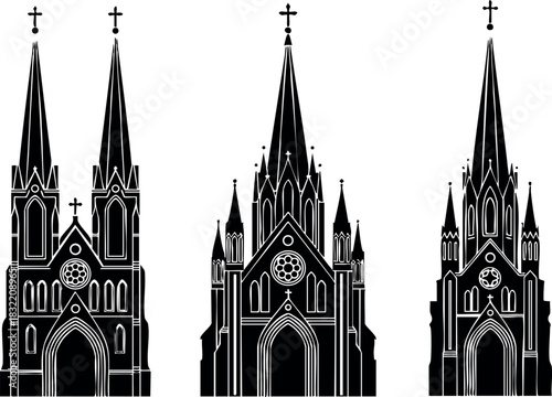 Gothic flat design row of three black cathedral facades with tall pointed spires and crosses, front elevation vector art of ornate church architecture silhouettes