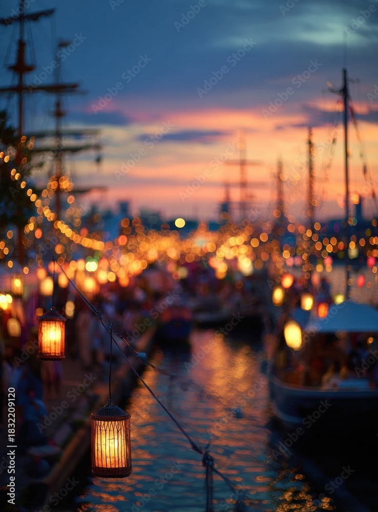Fototapeta premium Enchanting Evening at the Harbor - Lanterns and Ships at Dusk.