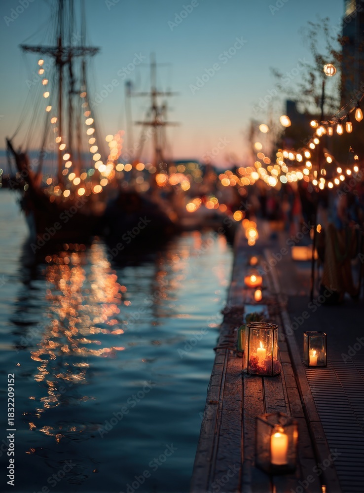Fototapeta premium Enchanting Evening at the Harbor - Lanterns, Ships, and Twinkling Lights.