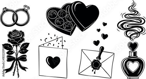 Monochrome line art valentines day icons with heart chocolate box, diamond rings, rose with ribbon, love letters and perfume bottle, bold graphic style