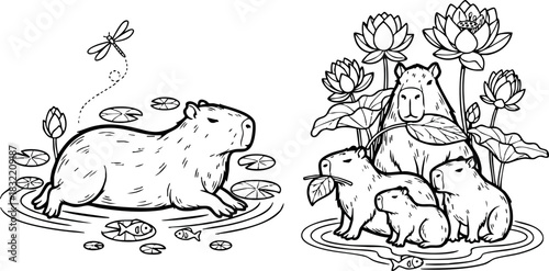 Line art capybara family relaxing in lotus pond, cute adult and baby rodents with lily pads, dragonfly and fish, black and white vector coloring illustration