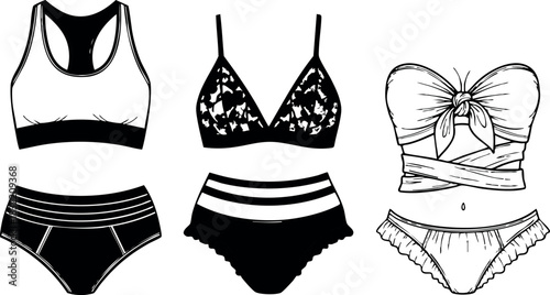 Monochrome flat design set of women’s underwear with sports bra, lace bralette, bandeau top and matching panties, front view fashion vector art