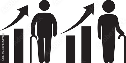 Elderly people silhouette with upward trend graph and cane silhouette