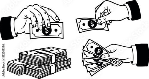 Bold black and white comic style vector art of businessman hands holding cash, paying and receiving dollar bills with money stacks, clean minimal design, financial transaction theme