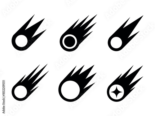 Illustration of six black comet icons with different styles on a white background