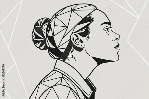 Line-art portrait with geometric shading — thin strokes, soft shadows, gallery-style poster composition.