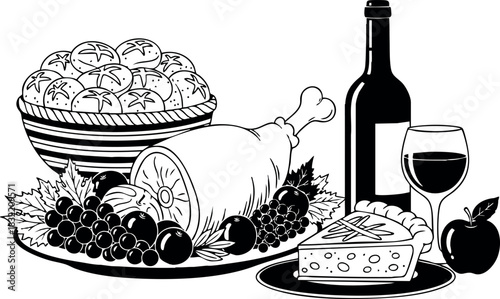 Monochrome flat design banquet still life with roasted ham, grapes, bread bowl, pie slice, wine bottle and glass arranged on platter in simple graphic style