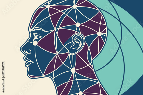 Geometric abstract head silhouette — layered vector shapes, futuristic poster aesthetic.
