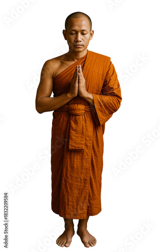 Buddhist Monk Praying in Saffron Robe. Isolated on Transparent Background CutOut