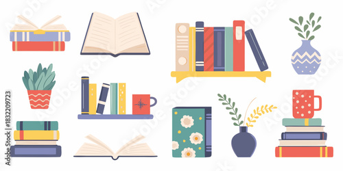 Cozy reading nook elements with books plants and mugs