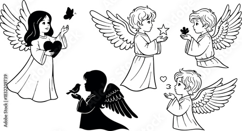 Cute line art cherub set with wings holding heart, star, clover and bird, black and white cartoon angels interacting with butterfly, hearts and kisses, simple outline style