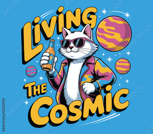 Cool cat in sunglasses holding a beer bottle in space