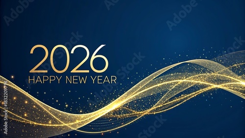 Elegant golden wave design for happy new year 2026 celebration on a dark blue textured background with glittering sparkles
