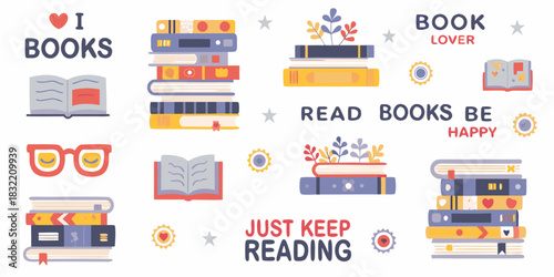 Cute book lover illustrations with inspiring reading quotes