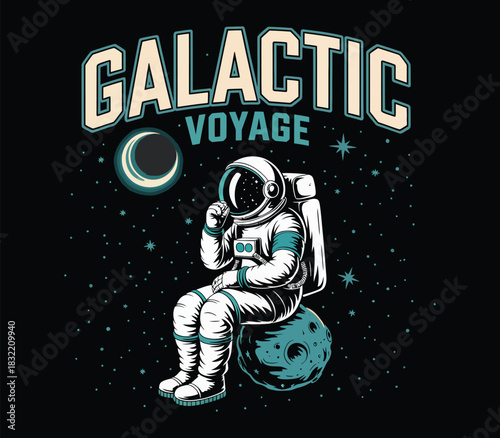 Astronaut sitting on a planet during a galactic voyage in space