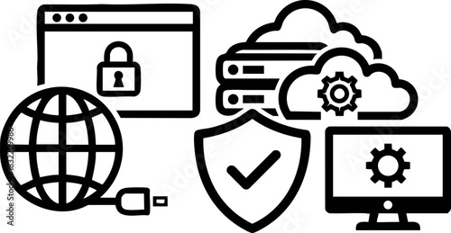 Minimal line art cybersecurity vector with shield checkmark, cloud server gear icons, browser padlock, wired globe, and desktop monitor  