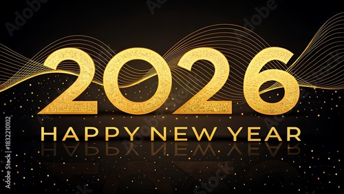 Golden 2026 happy new year celebration with glittering waves and sparkles on a dark background