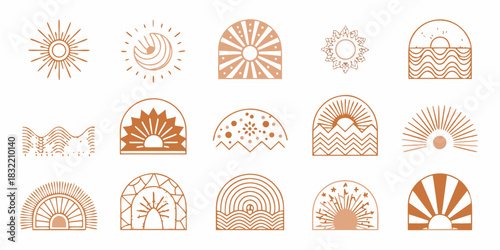Bohemian style sun and landscape icons in terracotta hues