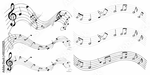 Abstract musical notes and staff lines on a white background