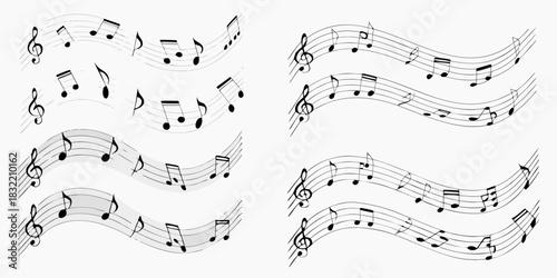Abstract musical notes and staff lines on a white background