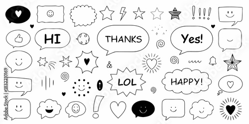 Collection of hand drawn speech bubbles and emoticons