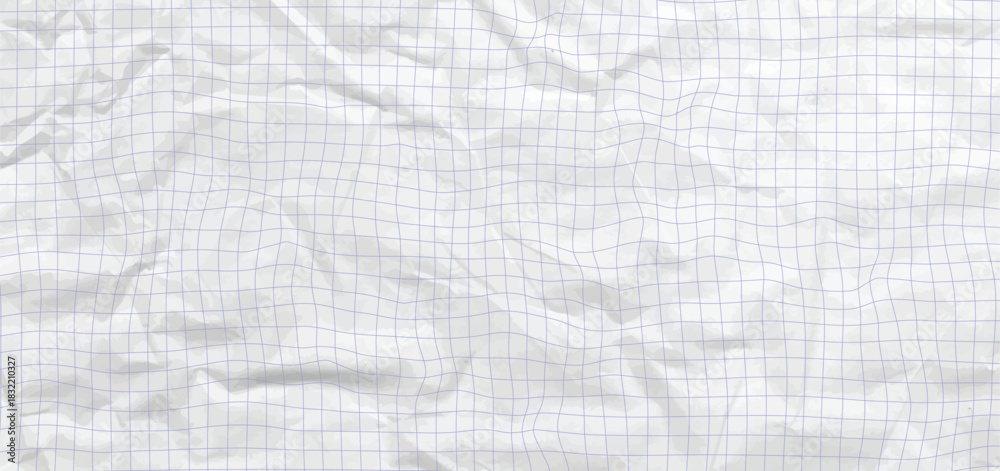 Obraz premium Realistic crumpled notebook paper background with fold texture and soft blue grid bg design. Diary sheet for education, school, craft, collage or scrapbook note composition. Vector