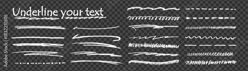 Chalk pencil watercolor brush and crayon underline line bundle on like png transparent bg offering hand drawn doodle effect with white color texture perfect for blackboard themed kit elements.