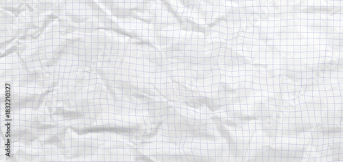 Realistic crumpled notebook paper background with fold texture and soft blue grid bg design. Diary sheet for education, school, craft, collage or scrapbook note composition. Vector