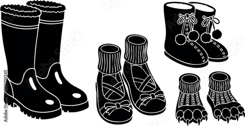 Black flat design winter footwear set with fur boots, pom pom slippers, knitted animal paw socks and ribbon ballet shoes in simple silhouette style