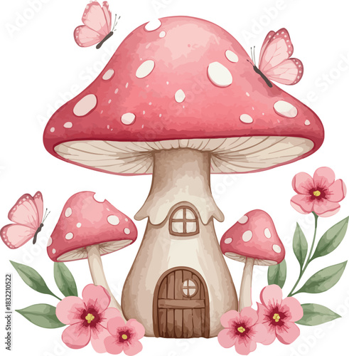Whimsical pink mushroom house with butterflies and flowers
