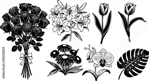 Bold black and white tattoo flash style floral set with rose bouquet, lilies, tulips, daisies, orchid and monstera leaf in detailed vector art illustration