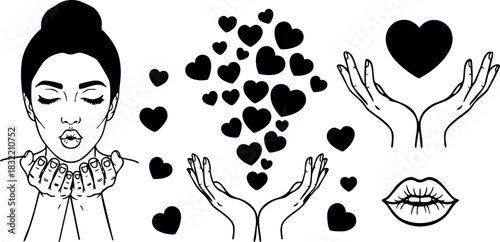 Line art romantic woman blowing kiss with cupped hands, scattered hearts and open palms holding heart shapes, minimalist black and white vector set for valentine’s day design