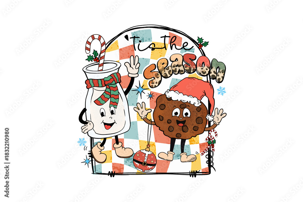 Fototapeta premium Groovy 'Tis the Season' with Retro Christmas Characters illustration Sublimation Design