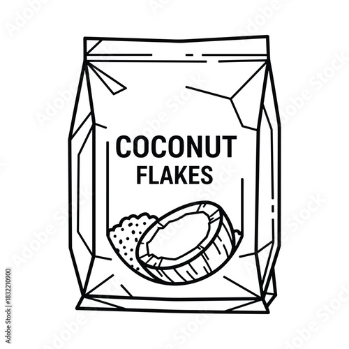Hand drawn illustration of a bag of coconut flakes with a coconut half and shredded coconut