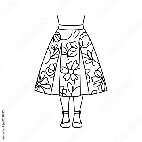 Hand drawn outline illustration of a woman wearing a pleated midi skirt with a floral pattern