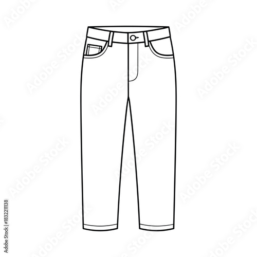 Clean line drawing illustration of a pair of classic denim jeans on a white background