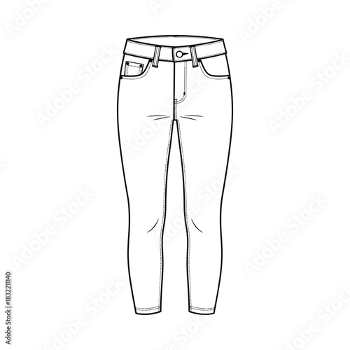 Fashion illustration of skinny jeans with pockets and belt loops in black and white outline