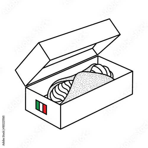 Hand drawn illustration of an open box containing a delicious cannoli with an italian flag sticker