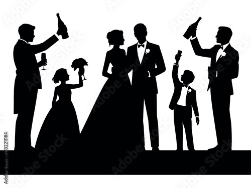 Silhouette illustration of wedding party with bride groom and wedding attendants