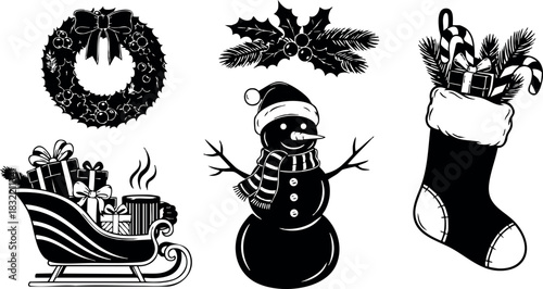 Monochrome flat design christmas wreath, snowman, sleigh with gifts and stuffed stocking icons arranged separately on white, bold festive silhouette style