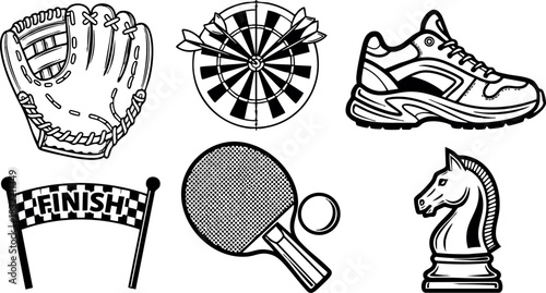 Bold line art sports vector icons with baseball glove, dartboard, running shoe, finish banner, ping pong paddle, chess knight piece in black and white style