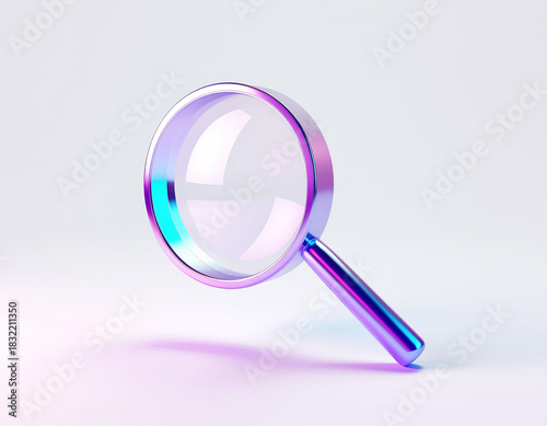 Wallpaper Mural Iridescent metallic magnifying glass in purple–blue–cyan gradient, 3D minimal style on a soft pink–white gradient — modern icon for search, discovery, investigation, and UI design. Torontodigital.ca